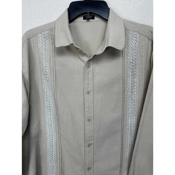 Coof Andy Cuban Guayabera Shirt Mens XL Button Up Embroidered Tan Long Sleeve - Picture 2 of 15